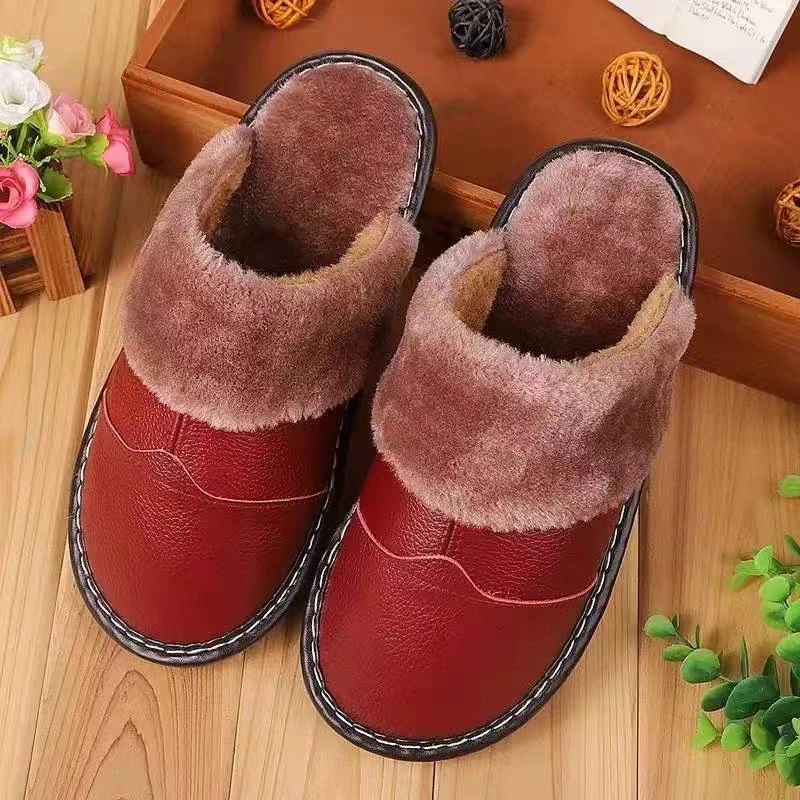 头层牛皮秋冬季男女棉拖鞋情侣款