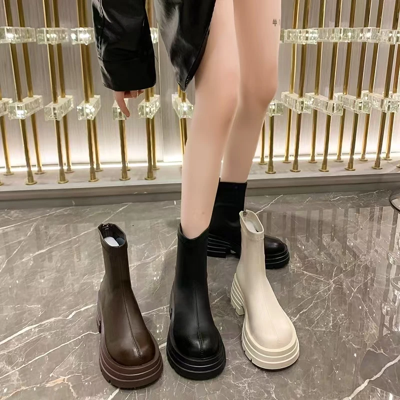 A-1081短靴粗跟百搭弹力皮面马丁靴女厚底增高简约后拉链瘦瘦靴