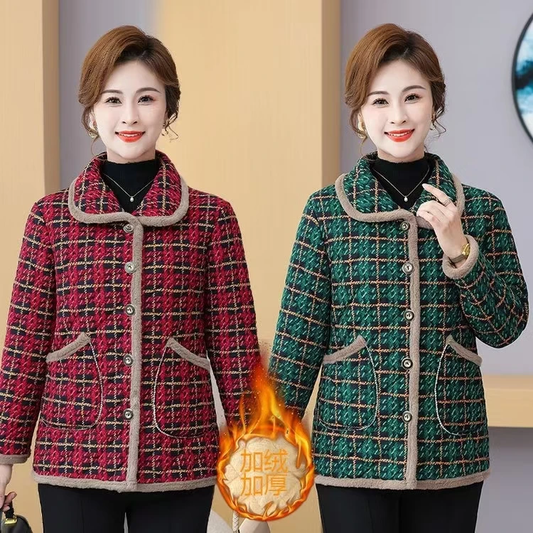 新款中老年妈妈棉袄冬季老太太加绒加厚保暖棉服洋气格子短外套女
