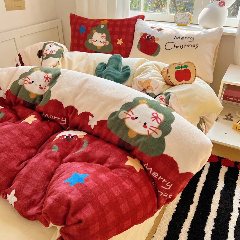 少女心圣诞猫咪牛奶绒四件套秋冬卡通双面绒被套法兰绒三件套床单