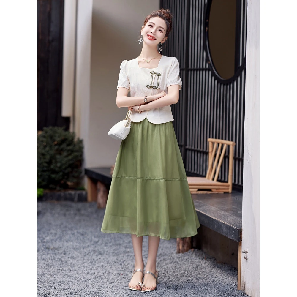 新中式禅意套装创意女装国风改良裙子宽松遮肉A字半身裙