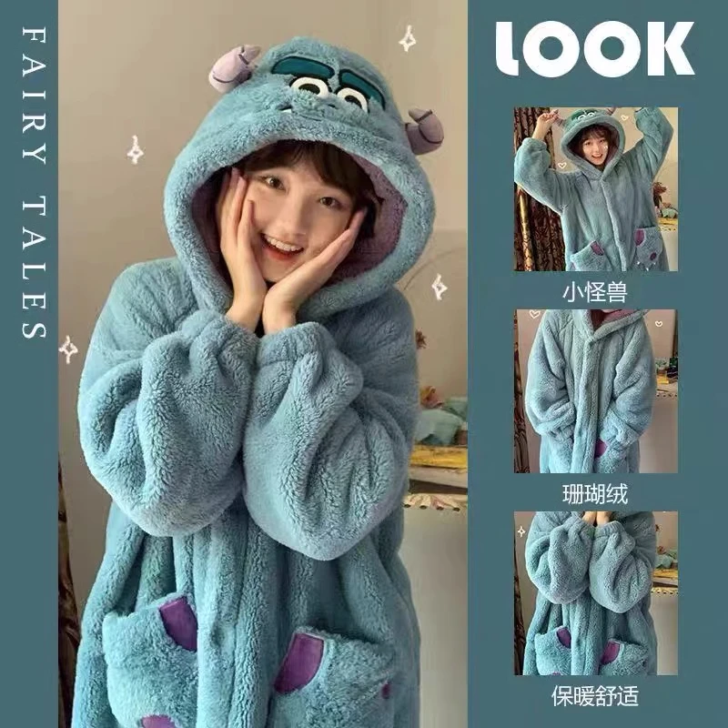 苏利文睡衣女款秋冬季珊瑚绒加绒加厚连帽浴袍可爱长款家居服睡袍