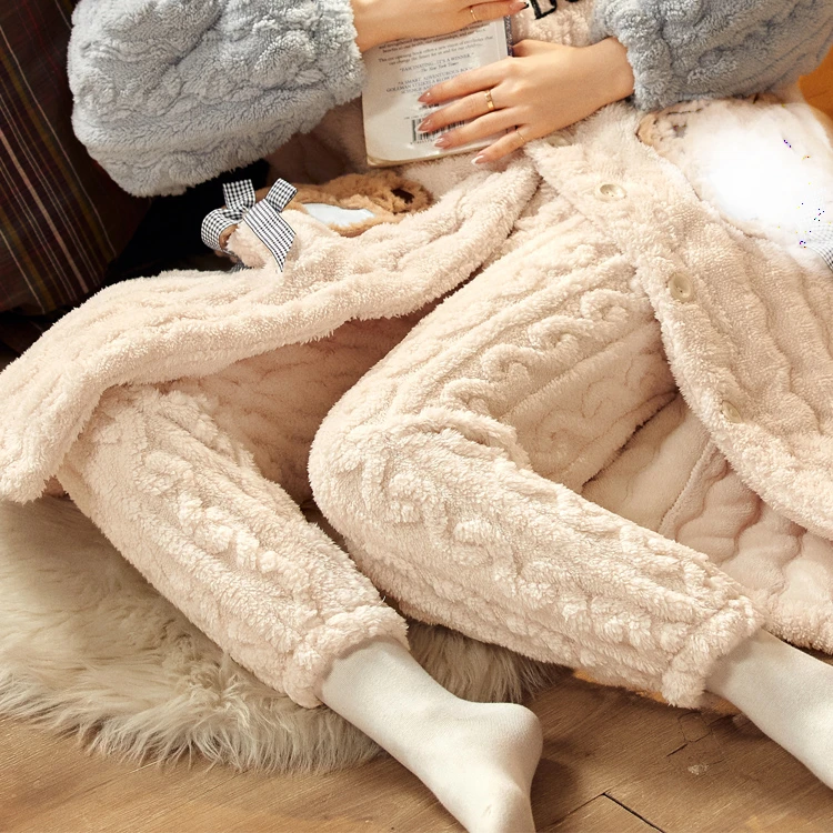 双面提花法兰绒裤子绒裤保暖裤宽松居家裤秋冬季加绒纯色米白色