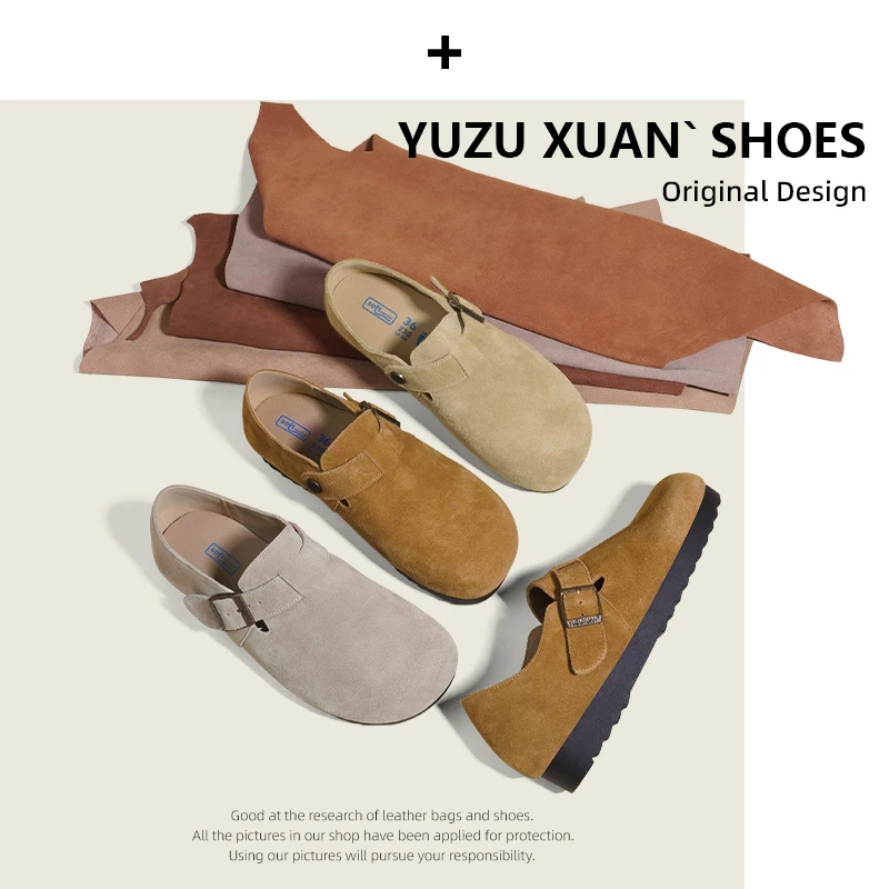 真皮百搭全包勃肯鞋平底钓鱼博肯软底单鞋一脚蹬皮复古棕色低帮