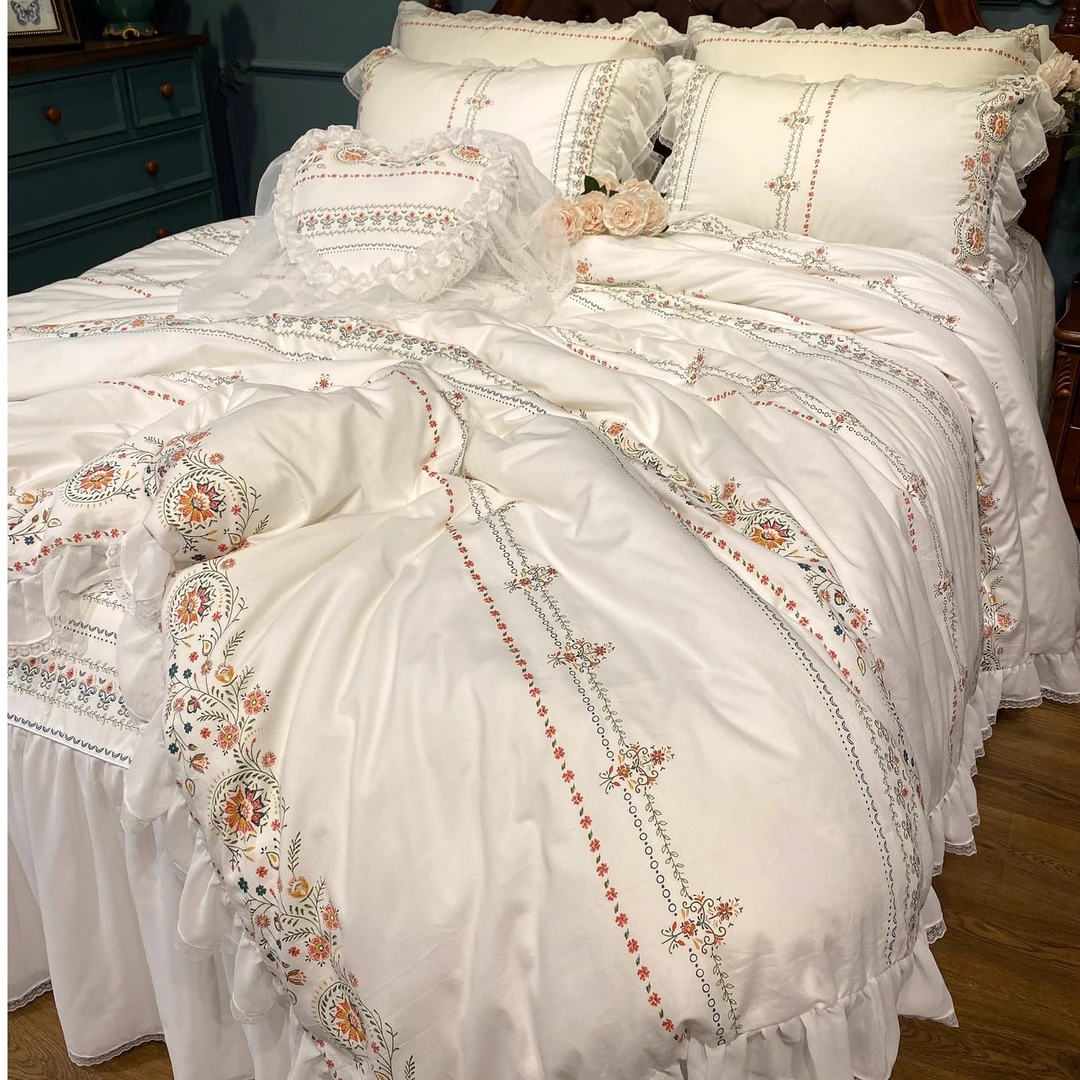 韩式田园公主风纯棉床裙款四件套全棉印花荷叶边床单被罩床上用品