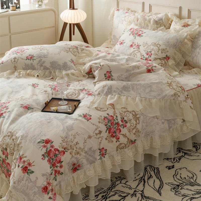 浪漫法式复古全棉床裙款四件套公主风田园纯棉蕾丝边被套床上用品
