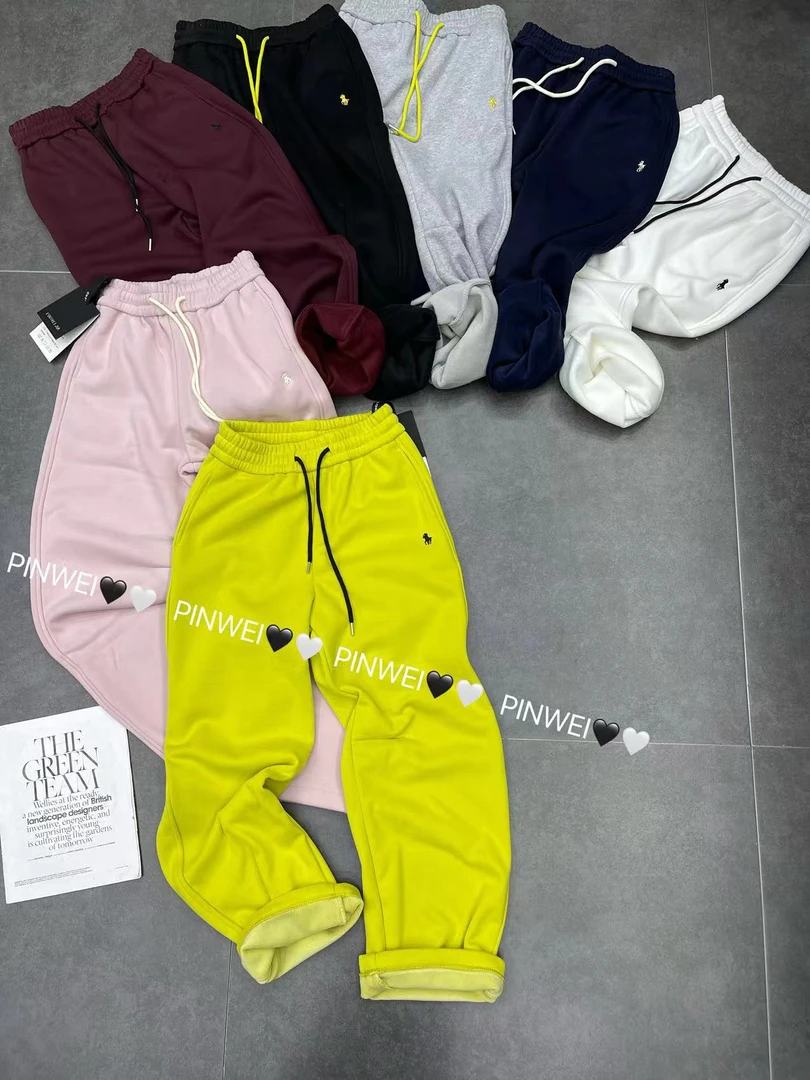 欧洲站高品质秋冬加绒小马刺绣糖果彩色百搭弯刀裤休闲运动卫裤