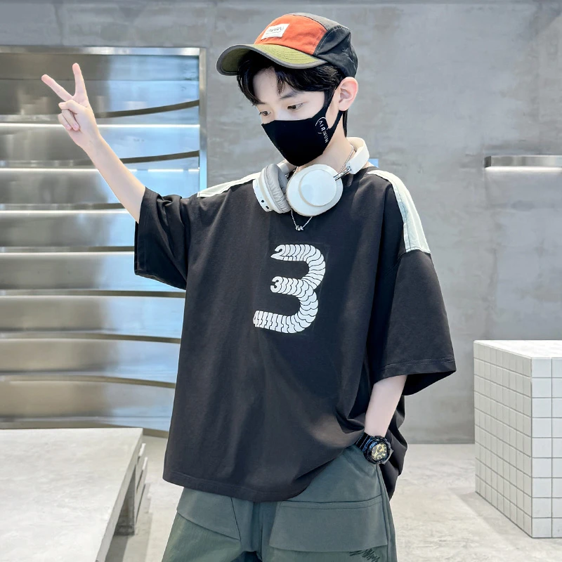 【2025夏季T恤】男童中大童洋气上衣半袖男孩宽松夏款韩版炸街时尚