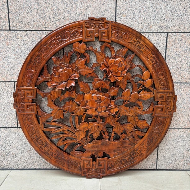 木雕香樟木实木工艺品挂件花开富贵 客厅餐厅卧室背景墙装饰壁挂