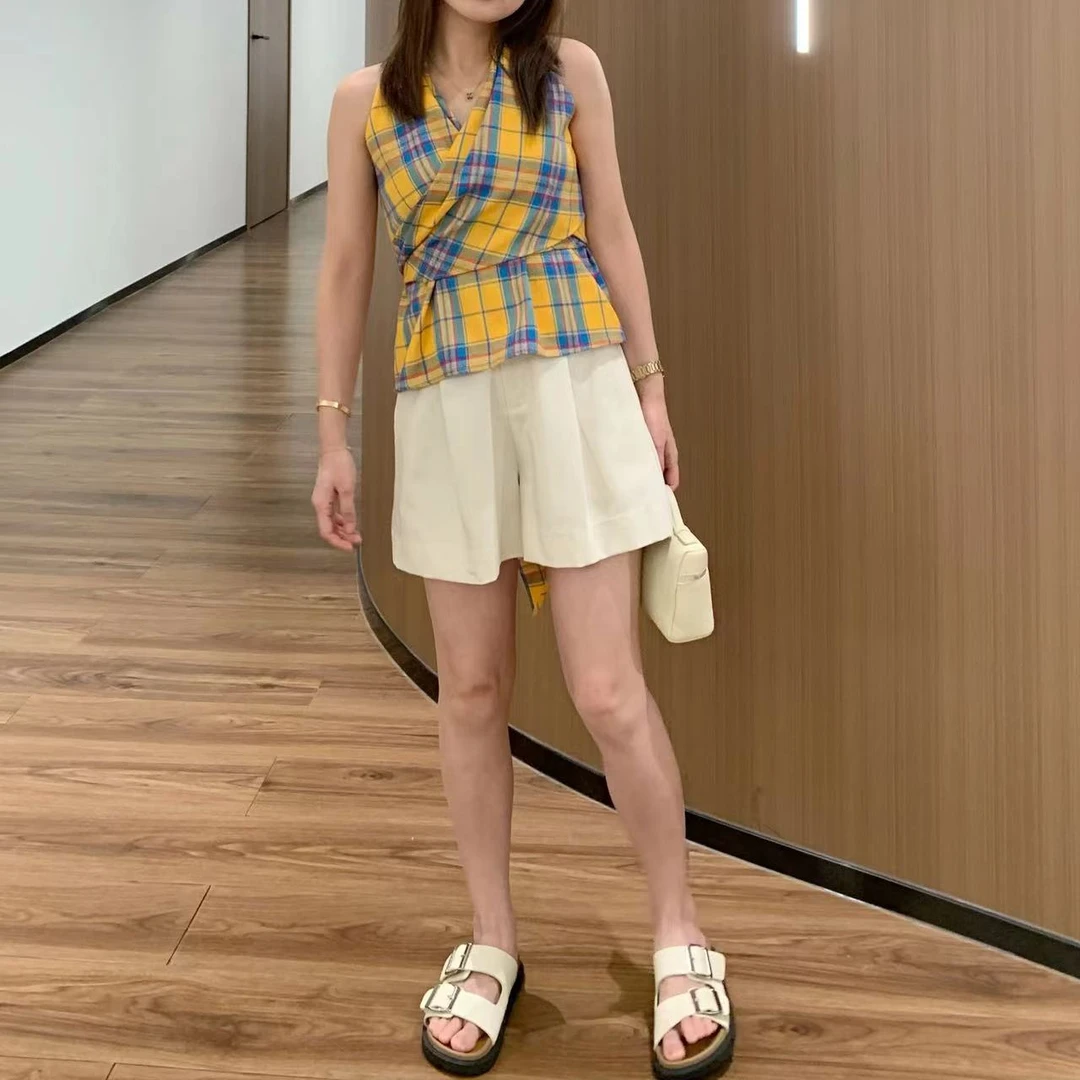 【折扣】YO定制小个子百搭显瘦半松紧腰短裤夏季高腰无弹A字阔腿裤