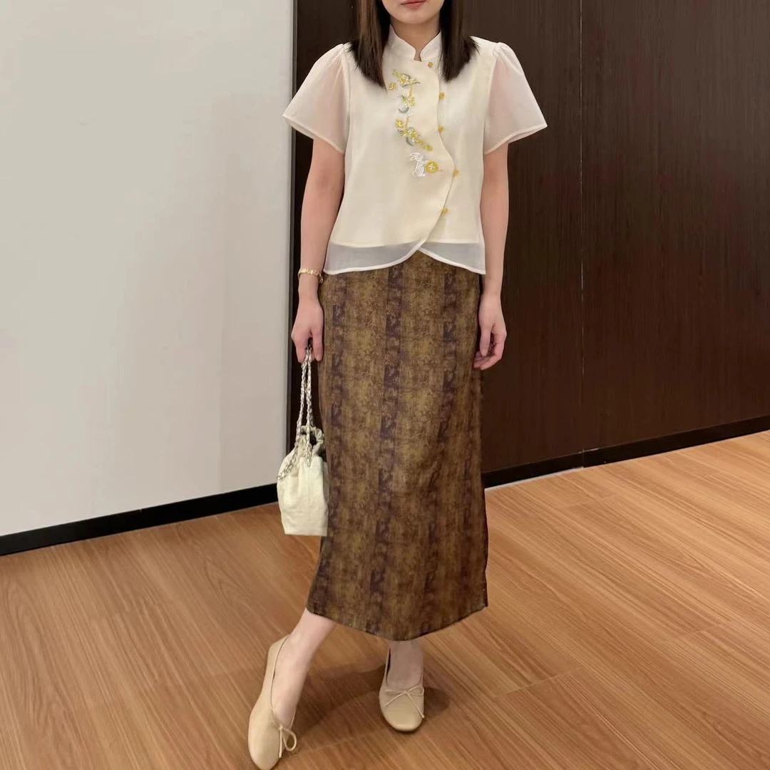 【折扣】YO定制新中式国风碎花半身裙小个子气质高腰显瘦后开叉裙子