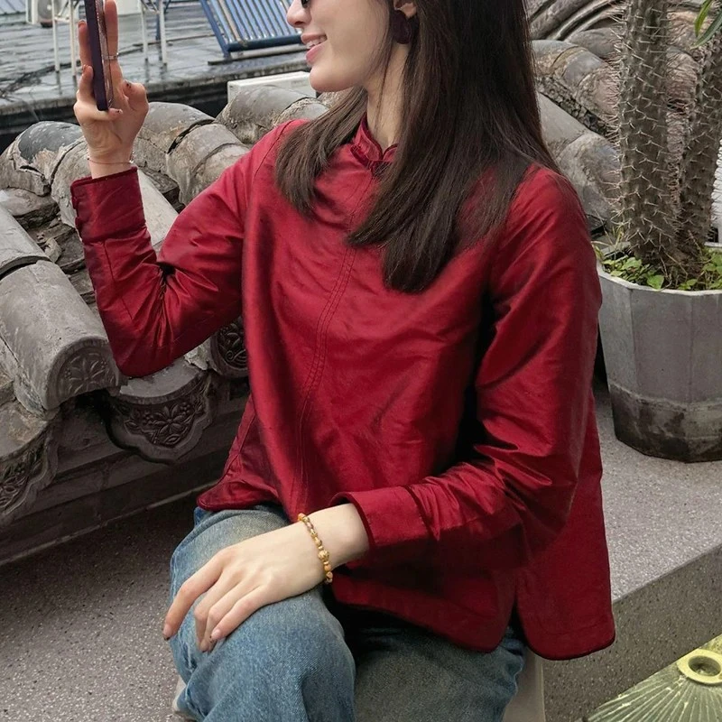 新中式国风女装盘扣红色上衣2024秋冬新款复古小个子百搭休闲衬衫