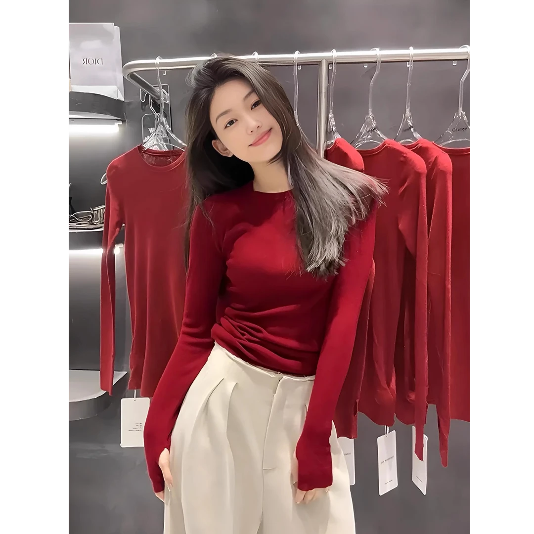 芯娇晴安哥拉红色针织衫女装早秋韩系氛围感红茶风穿搭打底衫上衣