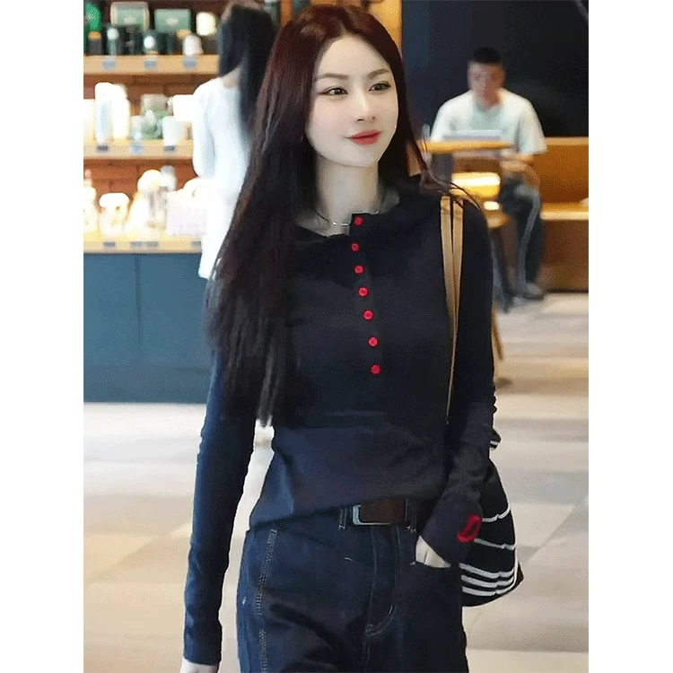 芯娇晴藏青色美式连帽卫衣女春秋季2025新款爆款时尚洋气长袖上衣