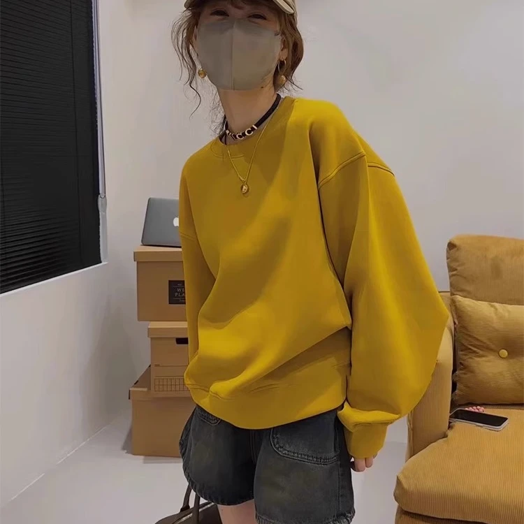 芯娇晴圆领无帽美式慵懒正肩卫衣女士春秋2025新款小个子欧货上衣