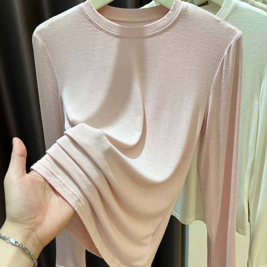 芯娇晴莫代尔粉色打底衫女早秋2024新款宽松圆领内搭显瘦长袖T恤