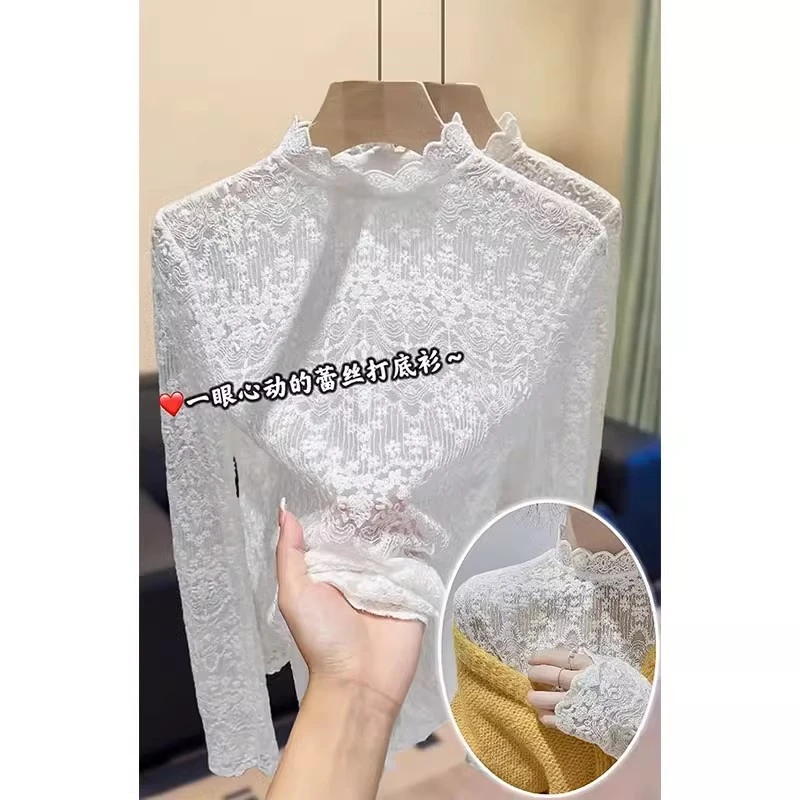 芯娇晴小香风加绒半高领蕾丝打底衫女装初冬加厚叠穿内搭长袖上衣