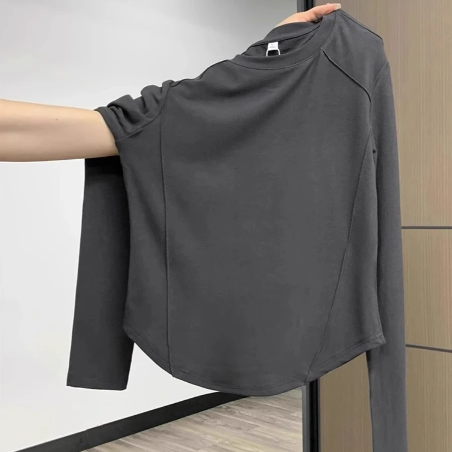 芯娇晴鱼骨圆领长袖T恤女2025早秋新款不规则下摆打底衫正肩上衣