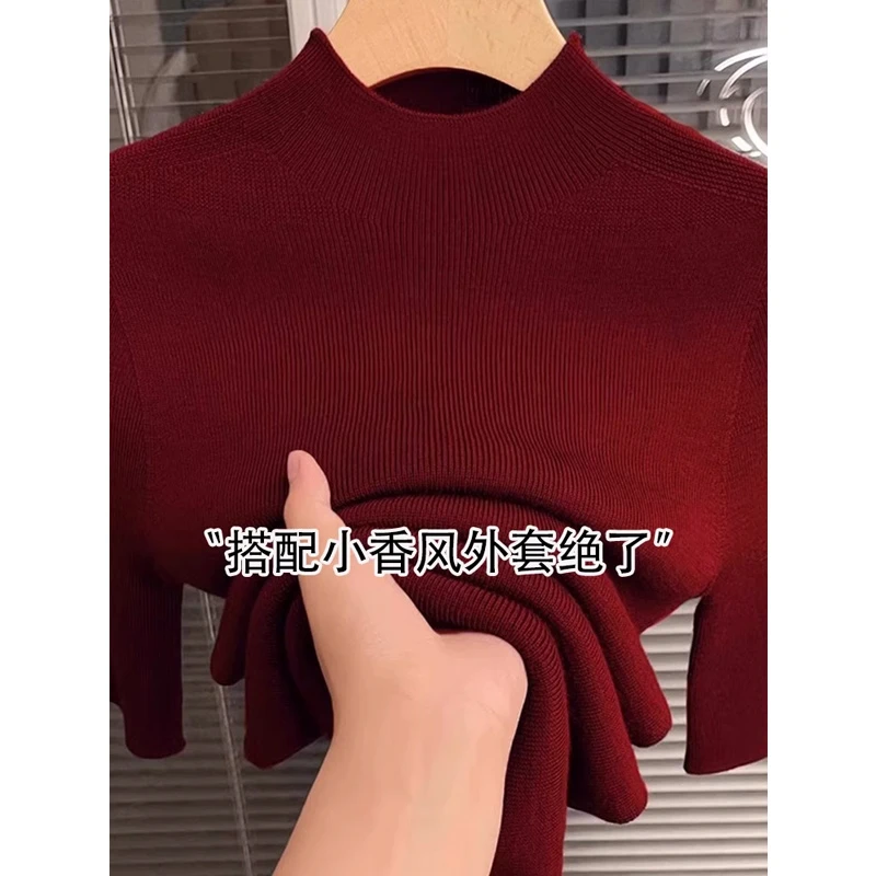 芯娇晴安可拉红色五分袖针织衫女春秋中袖内搭上衣半高领打底衫