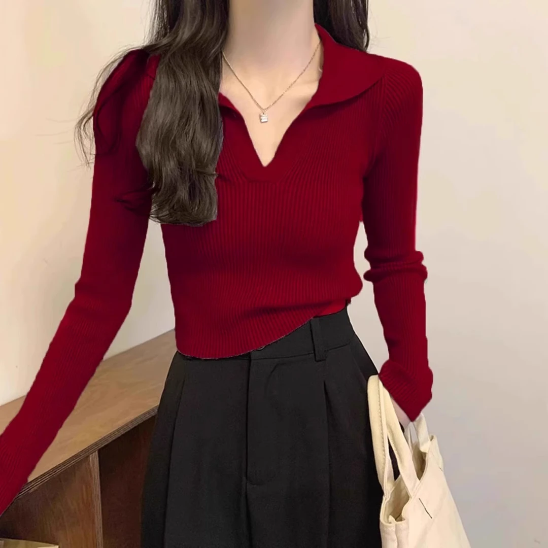 芯娇晴酒红色polo领针织衫女2025春秋新款修身显瘦打底衫内搭上衣