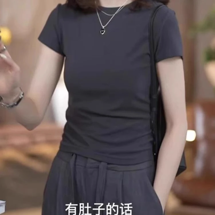 芯娇晴灰色纯棉正肩短袖t恤女2025夏季新款纯色修身显瘦短款上衣