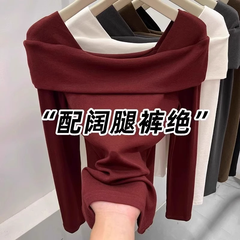 芯矫晴安可拉红一字肩长袖T恤女2025春秋季新款爆款气质欧货上衣
