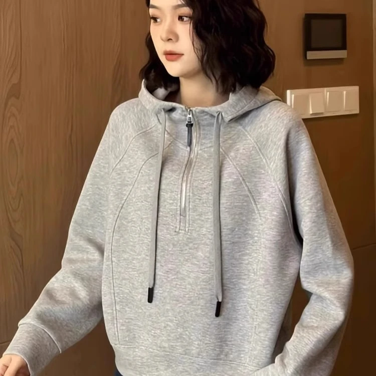 芯娇晴灰色半拉链连帽卫衣女春秋新款美式慵懒宽松女士短款上衣潮