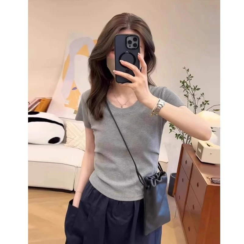 芯娇晴灰色u领正肩短袖t恤女2025新款爆款夏季设计感小众薄款修身