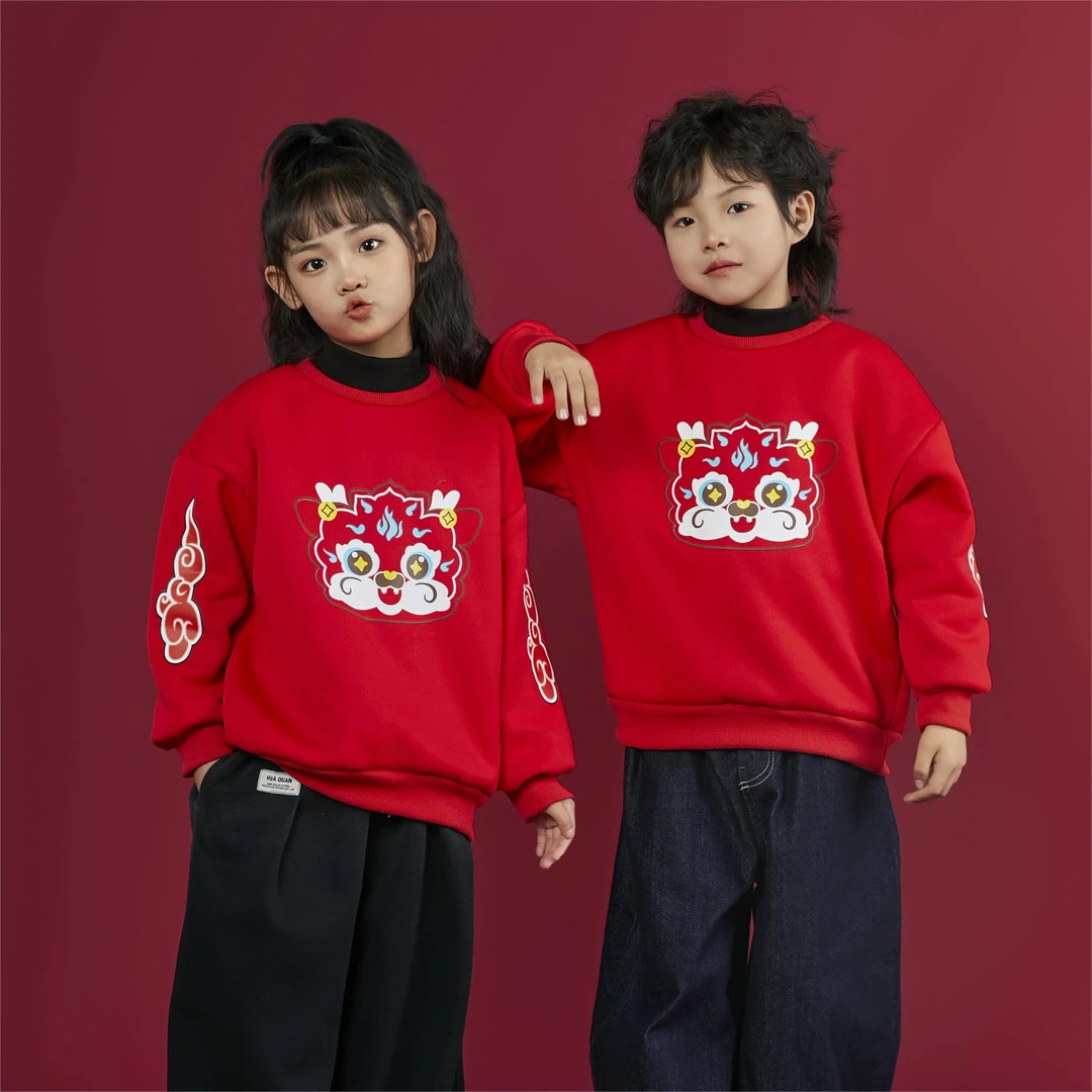 2024年亲子装男女童红色羊羔绒保暖加绒卫衣拜年服喜庆中国风冬季