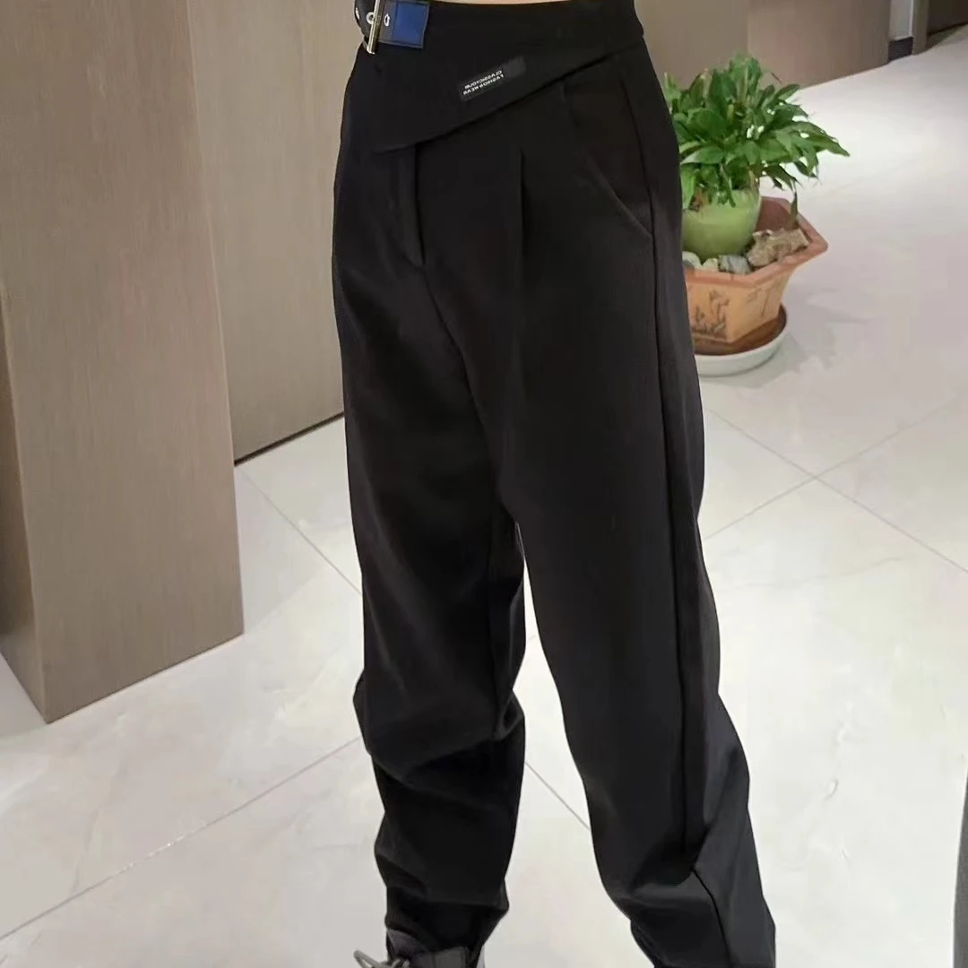 24110#高腰英文字母小直筒工装裤