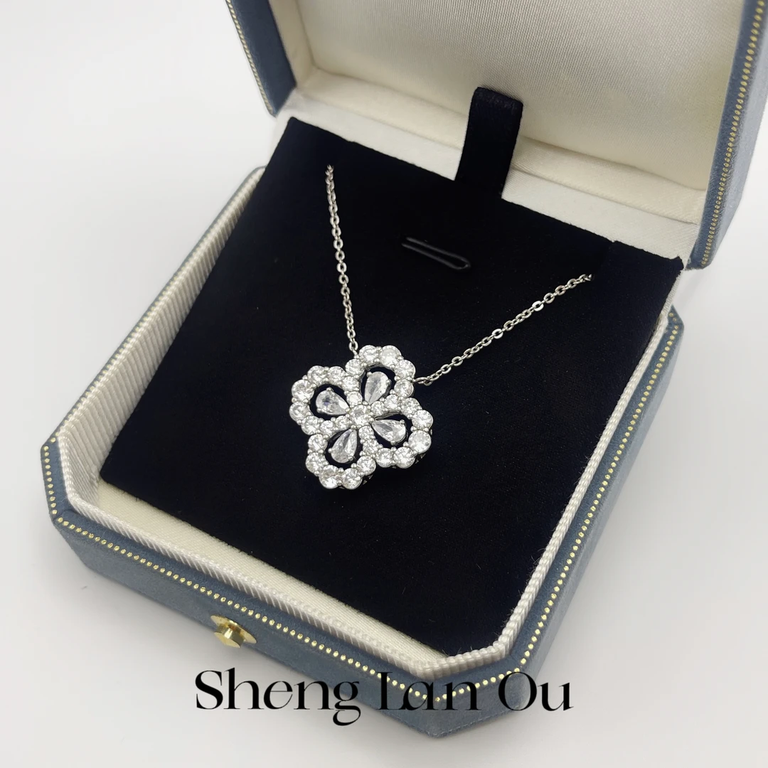铜合金项链 镀白金高版本加厚四叶草满钻轻奢高级时尚项链大号