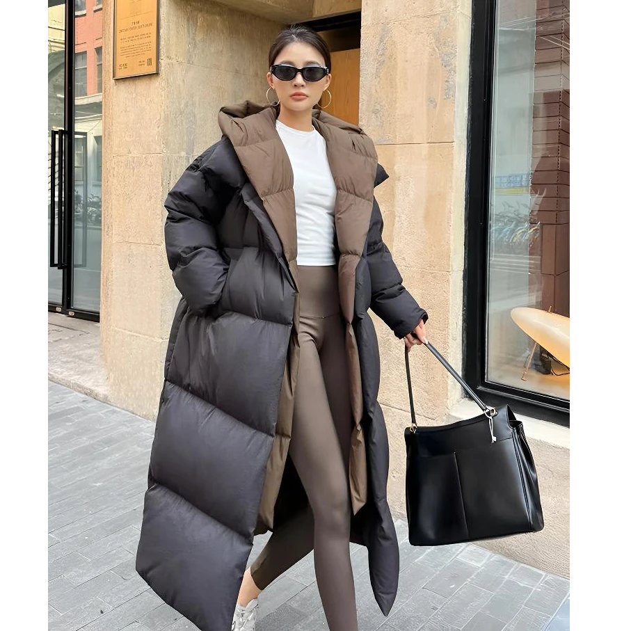 ZS【国标鸭绒】撞色双层款2024新款秋冬宽松百搭保暖羽绒服过膝长款