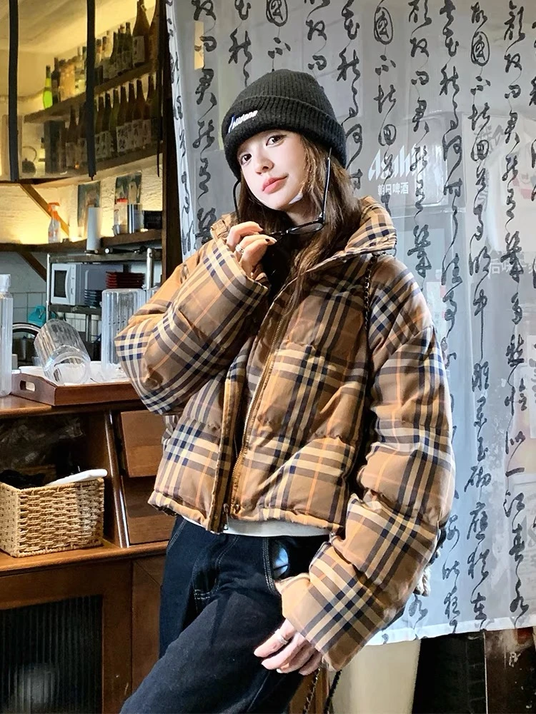 ZS【国标鸭绒】新款格子2024冬季新款宽松女短时尚羽绒服百搭休闲