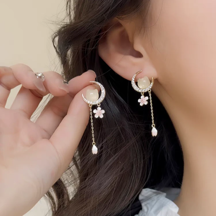 925银针猫咪耳环女甜美粉色樱花耳钉气质耳饰轻奢小众高级感