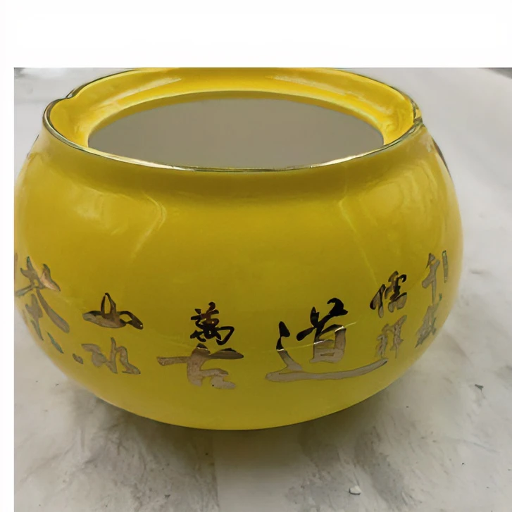 招财进宝聚宝盆陶瓷摆件无盖带盖元宝铜钱黄色罐子图可绑绳