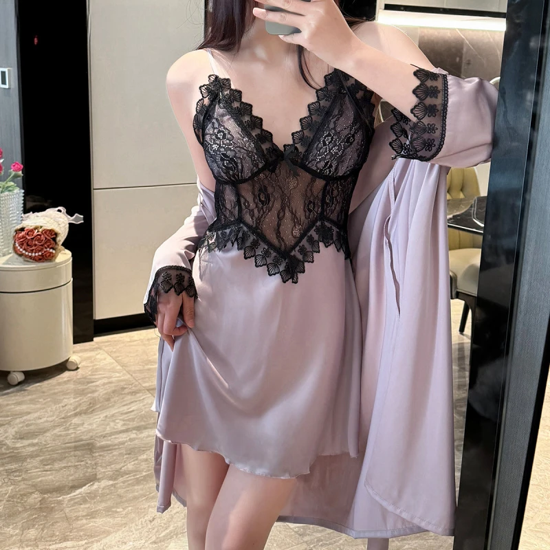 夏天蕾丝诱惑显瘦冰丝睡裙套装性感吊带带胸垫春夏女士家居服网纱