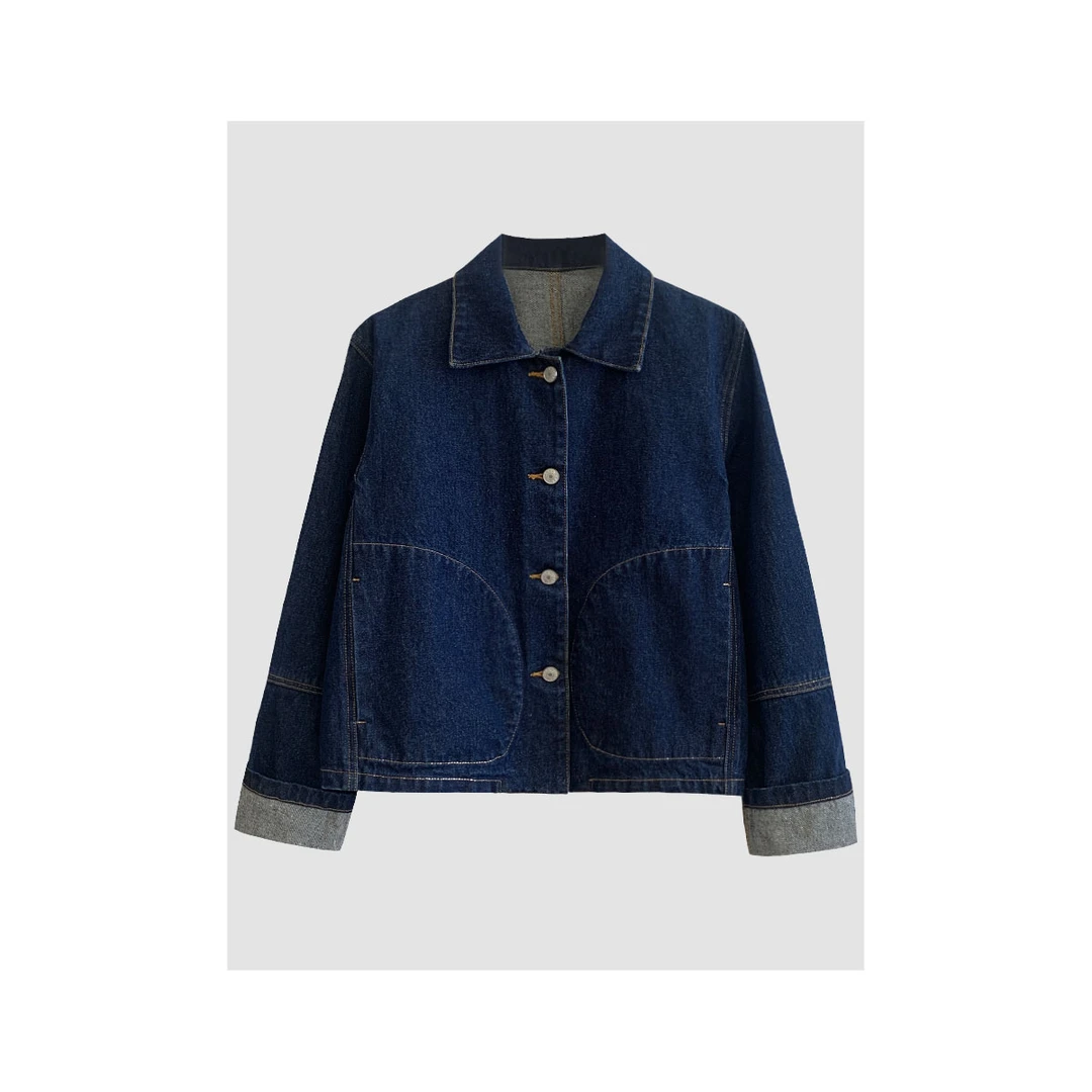 海岛邮差 秋季休闲百搭复古翻领宽松短款水洗时尚设计师牛仔外套