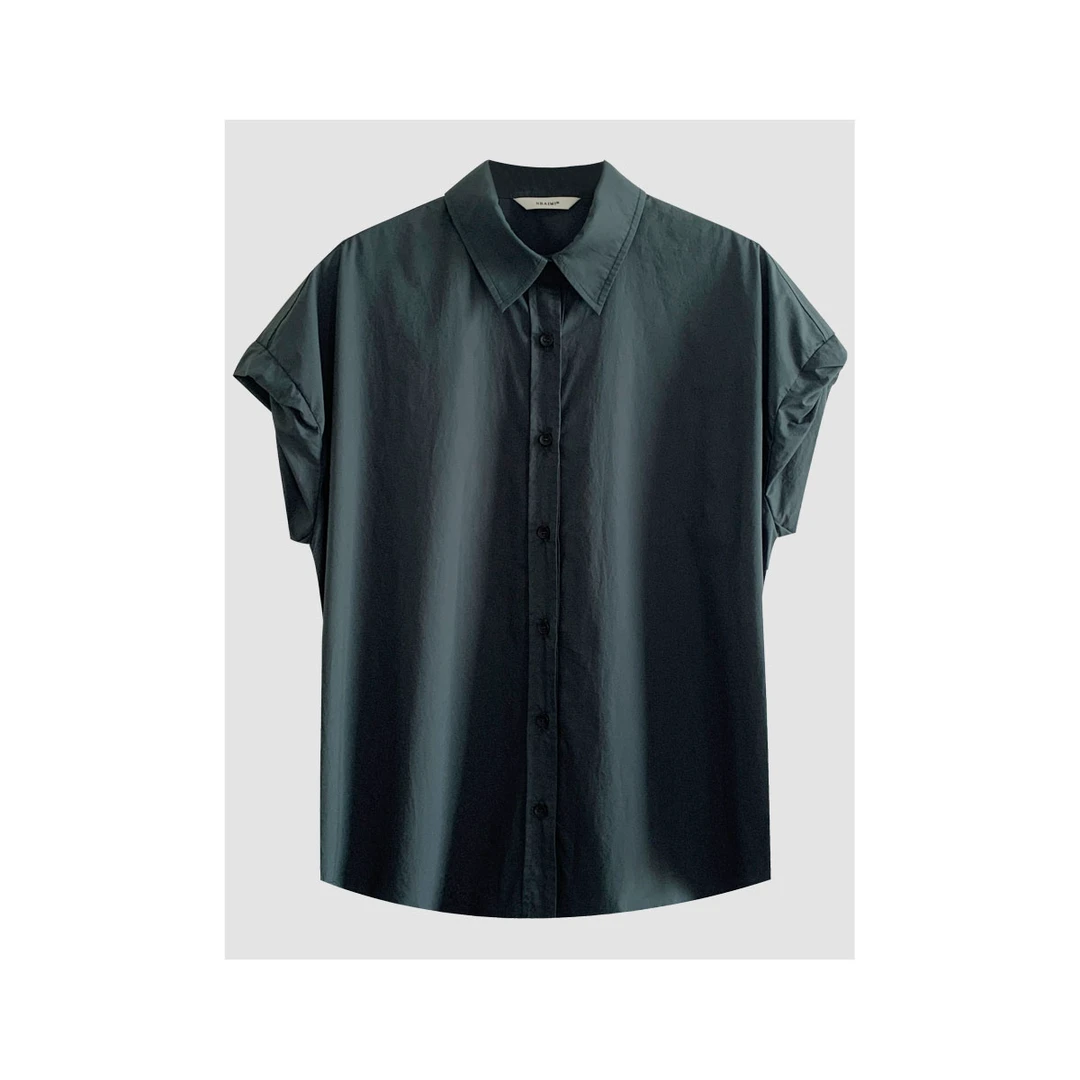 卷袖衬衫 小设计感巨显白气质翻领衬衫夏季100棉短袖衬衫上衣