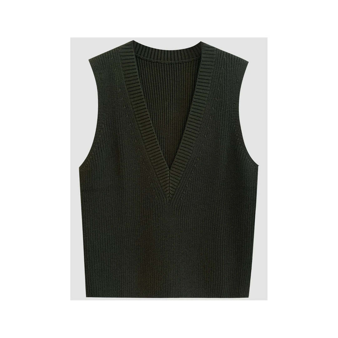 深V马甲 秋季宽松复古百搭休闲简约无袖马甲针织背心