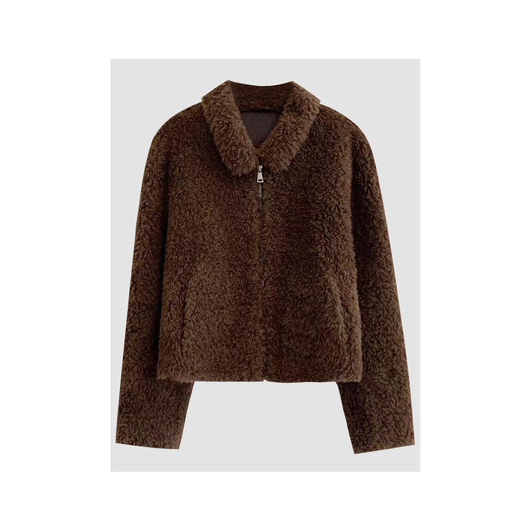 小棕熊 秋冬休闲百搭时尚短款气质复古翻领保暖长袖100绵羊毛外套