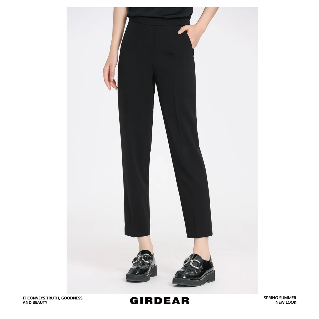 GIRDEAR/哥弟1100279 风感波粒松春夏季松紧腰烟管九分裤休闲裤女