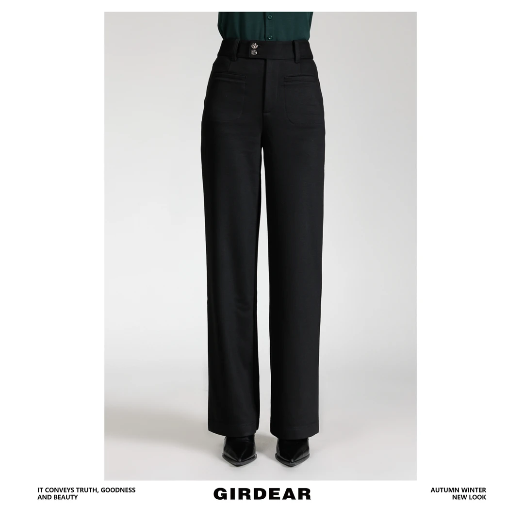 GIRDEAR/哥弟品质女裤秋冬通勤简约高腰两粒扣植绒直筒裤1100469