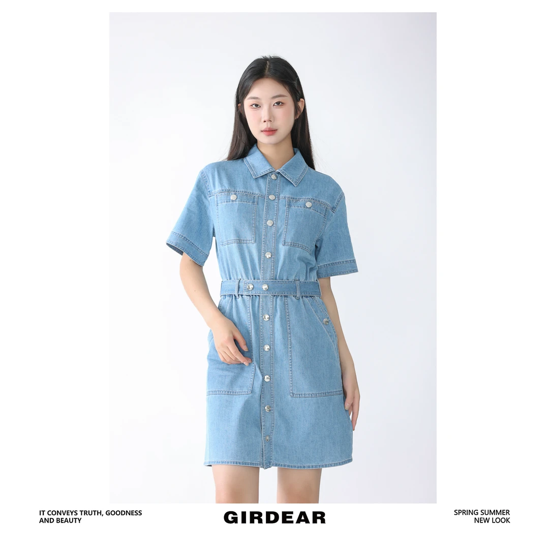 哥弟欧若度假风经典百搭收腰时尚显瘦亲肤薄牛仔连衣裙女1500530