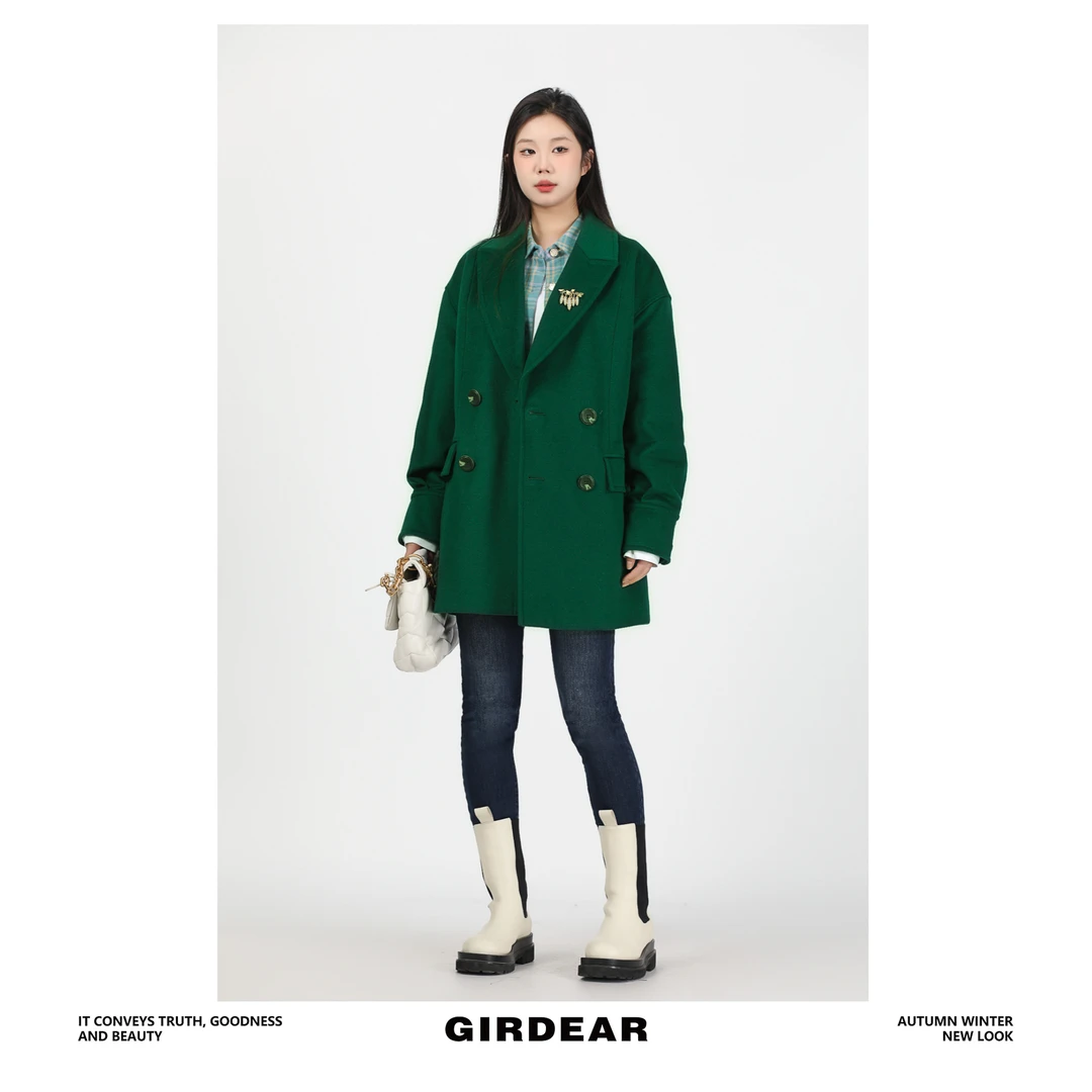 GIRDEAR/哥弟1400625大翻领百搭羊毛中长款大衣冬季加厚毛呢外套