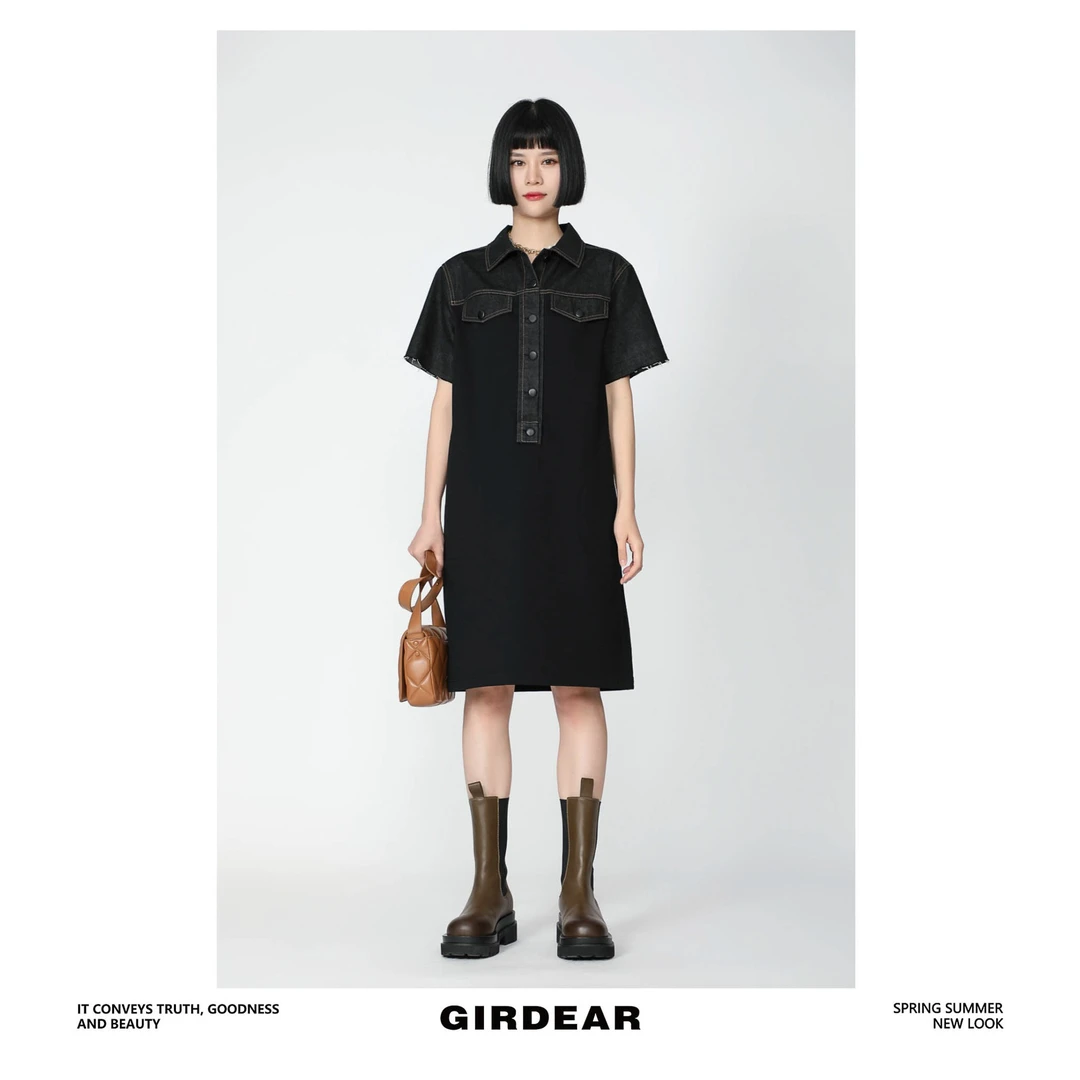 GIRDEAR/哥弟1500321 复古休闲丹宁风拼接设计直身连衣裙