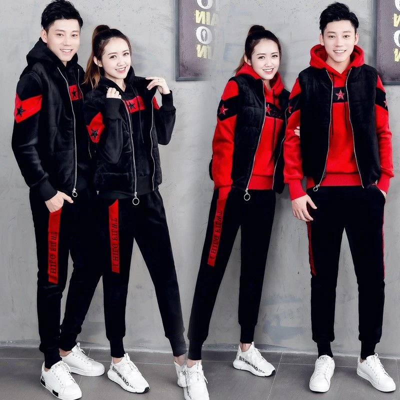 情侣套装冬季2023新款运动服休闲卫衣男三件套金丝绒套装女加厚