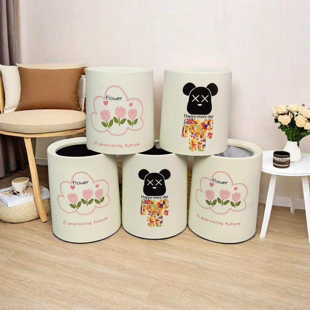 happy熊双层垃圾桶高档客厅大号带盖纸篓家用可爱加厚卧室垃圾筒