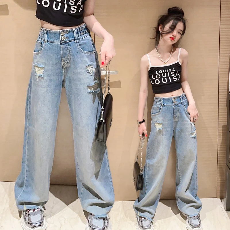 女童破洞牛仔裤夏季装2025新款潮酷炸街薄款裤子中大童宽松阔腿裤