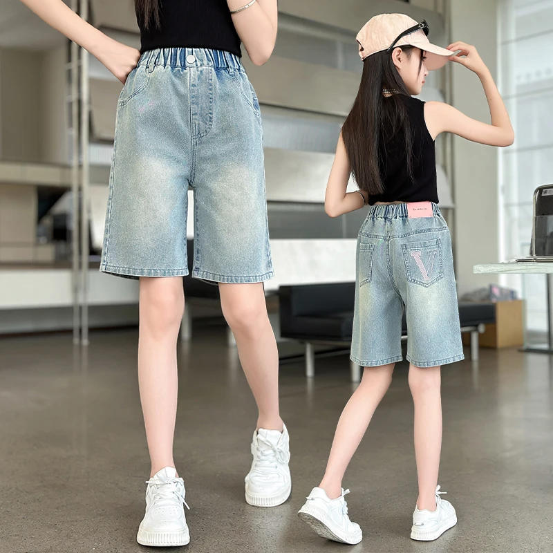 女童牛仔短裤夏季薄款外穿2024新款大童宽松中裤儿童五分裤子夏款