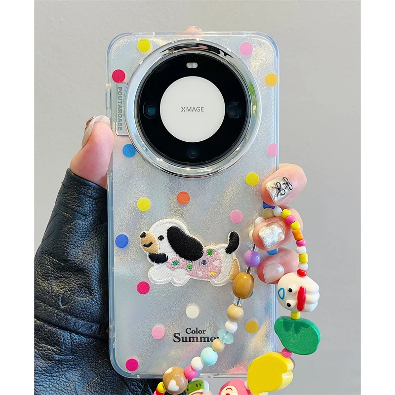 ins波点刺绣狗华为mate60pro电镀银pura70手链50情侣40荣耀手机壳